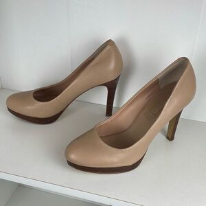 Nude Leather Stacked Wood Platform Heels 7.5